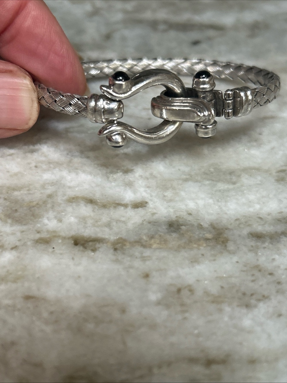 Domed Wheat Spiga Horsebit Bracelet Black Onyx Sz 8 Real Sterling Silver Italy